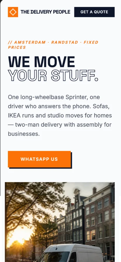 The Delivery People website homepage on mobile